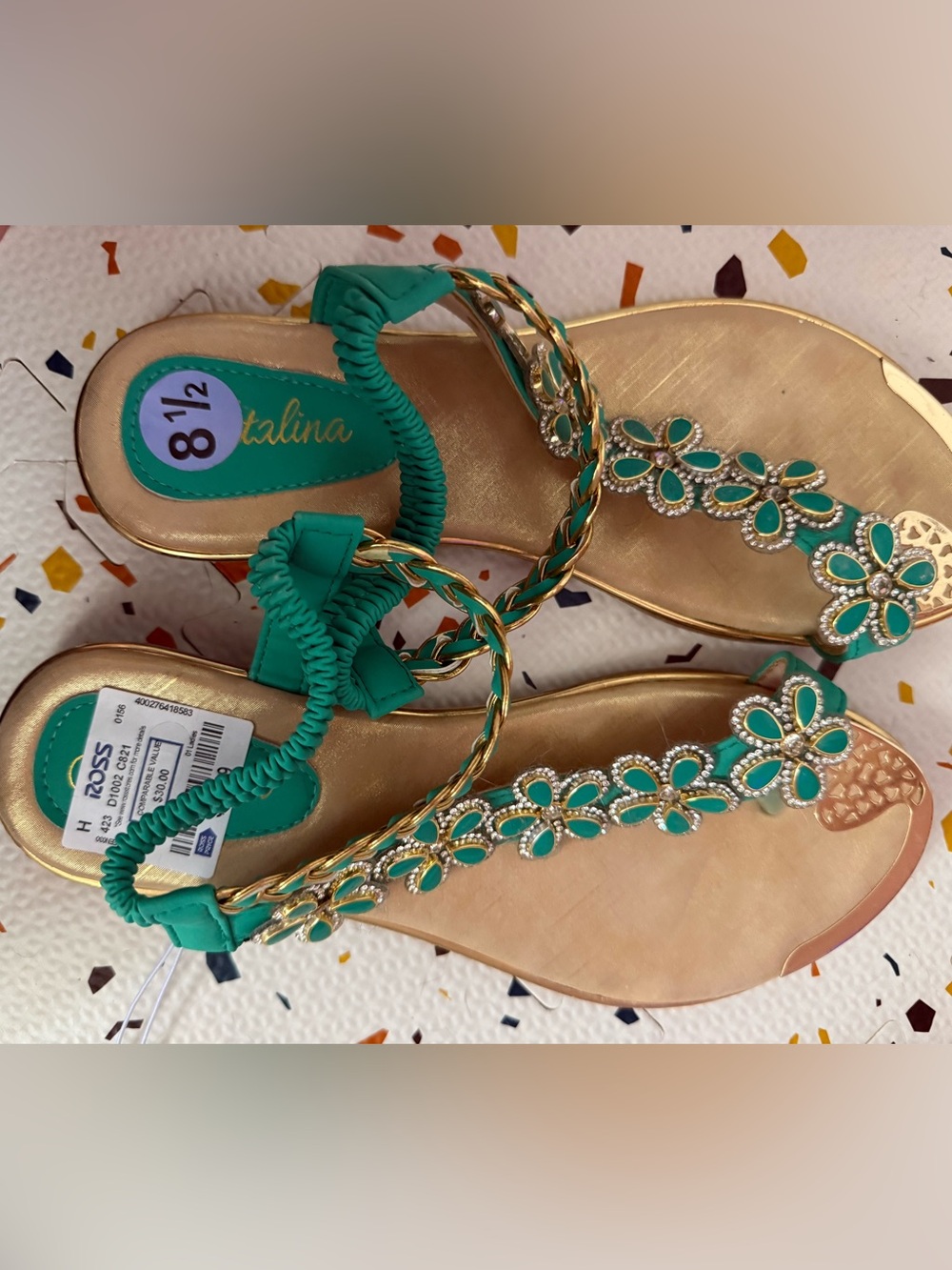 Teal Green Flower-Embellished Women's Sandals with Gold Chain